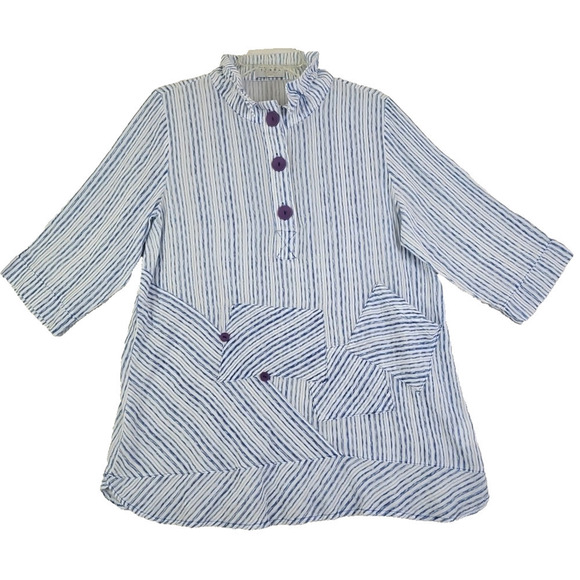 Terra-SJ Apparel~Size M~White/Blue Striped 3/4 Sleeve Lightweight Blouse Button - Picture 1 of 11